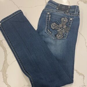 Miss Me Dark Blue Straight Leg Jeans with Silver Embellishments